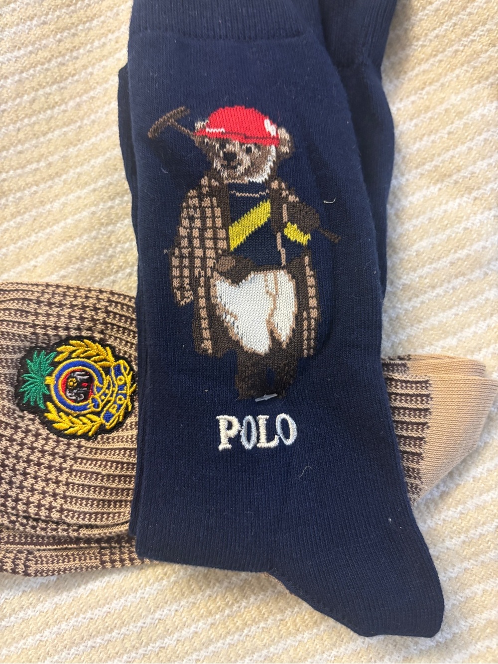 Polo by Ralph Lauren Navy Crew Socks with Bear Motif and Red Cap